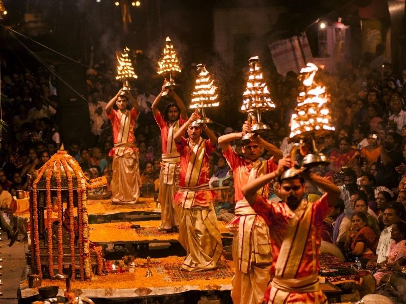 Hindu priest performs Ganga Aarti ritual, Varanasi